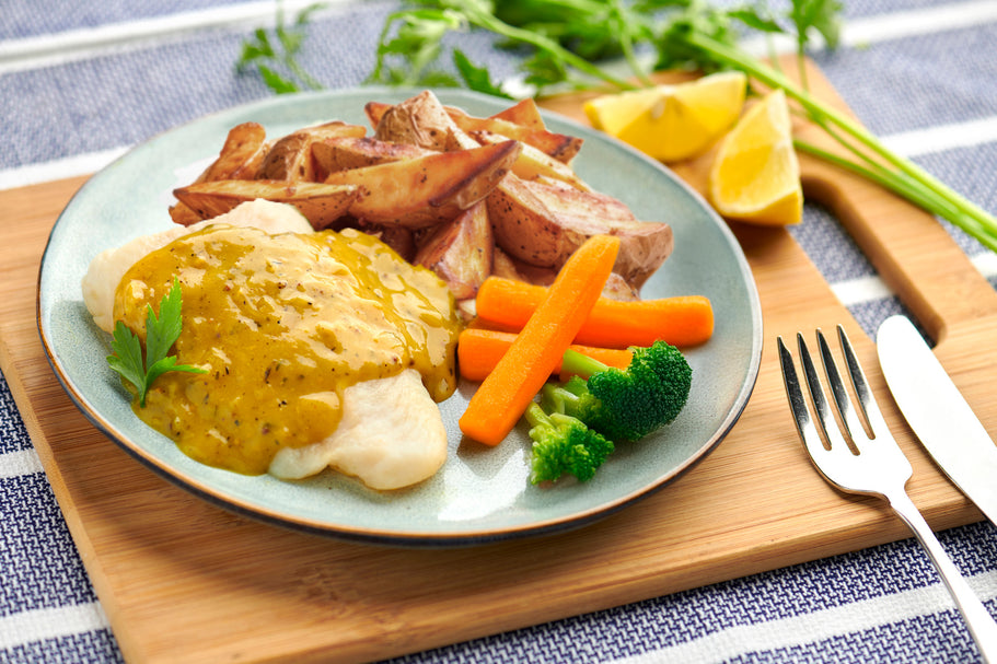 White Fish with Mustard Sauce, Wedges & Vegetables - Large - OUT OF STOCK