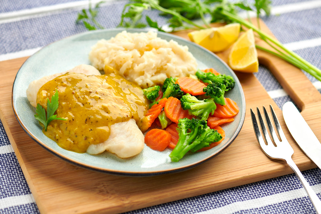 White Fish with Mustard Sauce, Potatoes & Vegetables Large The Good