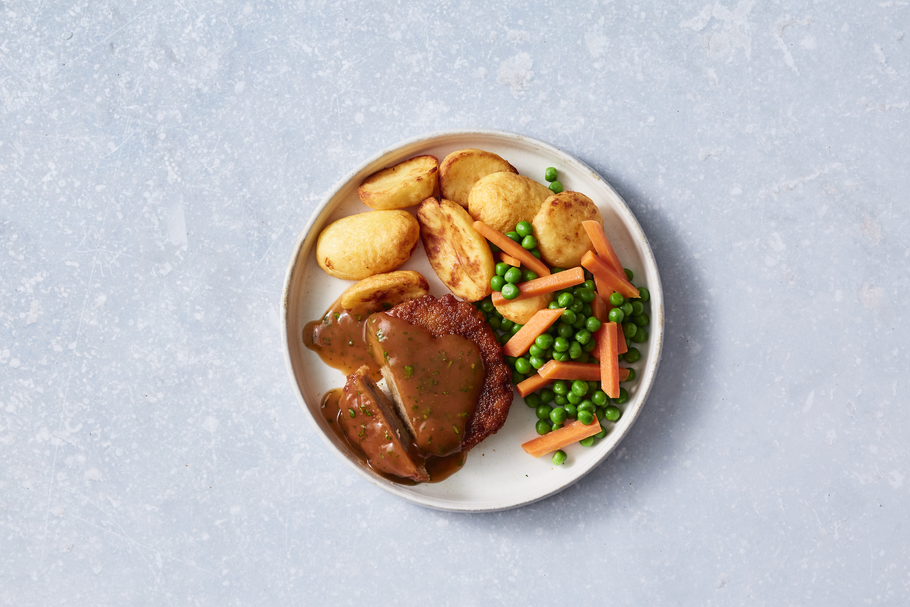 Lamb Schnitzel with Roast Potatoes, Veg and Gravy - Large